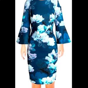 Calvin Klein Womens Floral-Print Bell Sleeves Sheath Dress